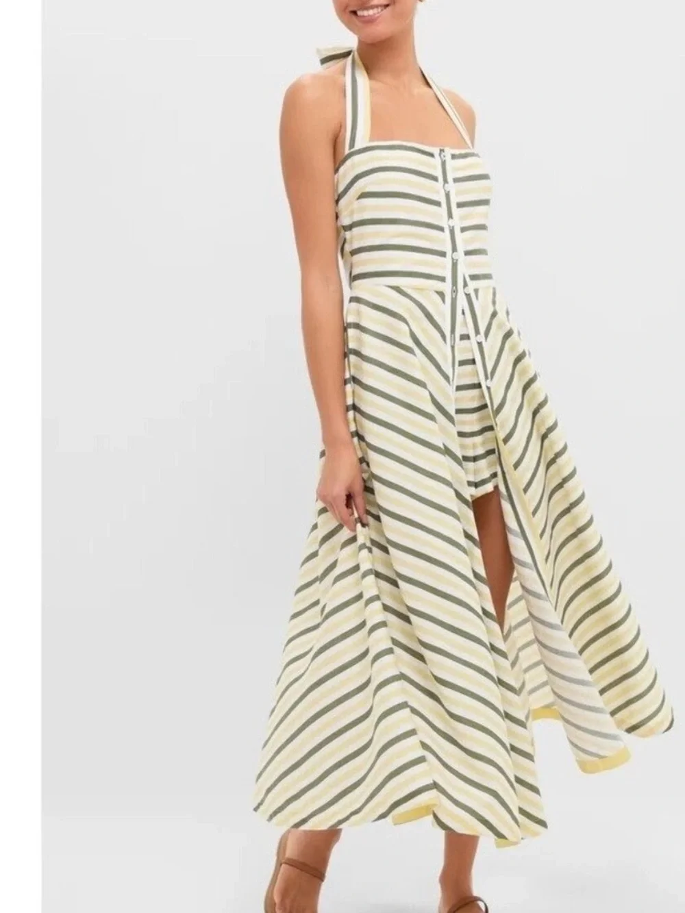Tuckernuck Green Yellow Stripe Halter Button Down Mirabel Dress + Shorts Set NEW